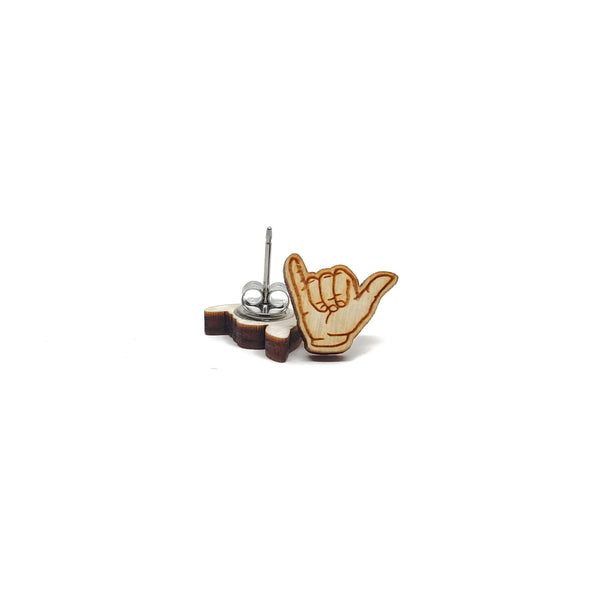 Hang Loose - Laser Cut Handmade Wood Stud Earrings with Surgical Steel Posts Gift for Women
